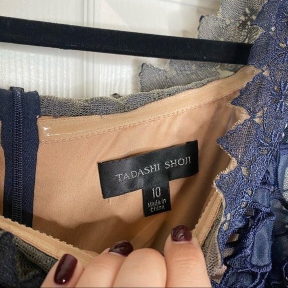 NWT Tadashi Shoji Navy Blue Nude Lace Off The Shoulder Maxi Dress Gown Size 10 - Picture 4 of 12